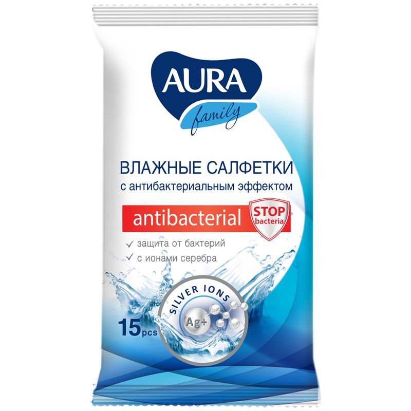 Аура Фэмили салфетки влажные д/рук а/бакт №15